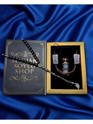 Seyhan Soylu Shop - Özel Tasarım Kitap Kutulu Kadın Bakır Takı Seti ve Tesbih Kombini - Kolye Küpe Bileklik Yüzük 5 Parça Otantik Şık Hediyelik - Doğum Günü Yıl Dönümü Anneler Günü