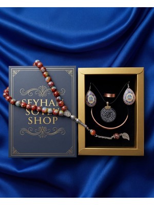 Seyhan Soylu Shop - Özel Tasarım Kitap Kutulu Kadın Bakır Takı Seti ve Tesbih Kombini - Kolye Küpe Bileklik Yüzük 5 Parça Otantik Şık Hediyelik - Doğum Günü Yıl Dönümü Anneler Günü