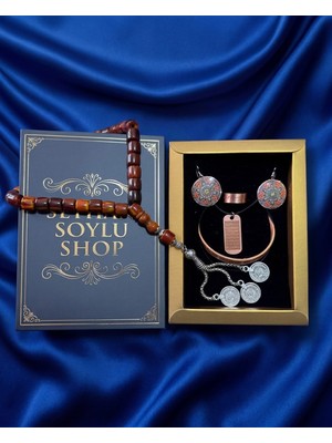 Seyhan Soylu Shop - Özel Tasarım Kitap Kutulu Kadın Bakır Takı Seti ve Tesbih Kombini - Kolye Küpe Bileklik Yüzük 5 Parça Otantik Şık Hediyelik - Doğum Günü Yıl Dönümü Anneler Günü