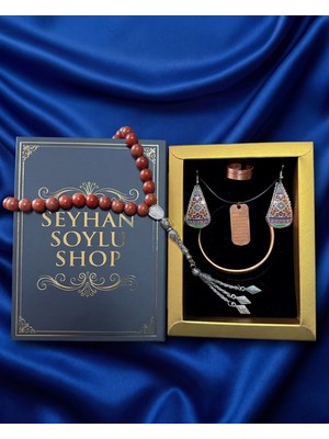 Seyhan Soylu Shop - Özel Tasarım Kitap Kutulu Kadın Bakır Takı Seti ve Tesbih Kombini - Kolye Küpe Bileklik Yüzük 5 Parça Otantik Şık Hediyelik - Doğum Günü Yıl Dönümü Anneler Günü