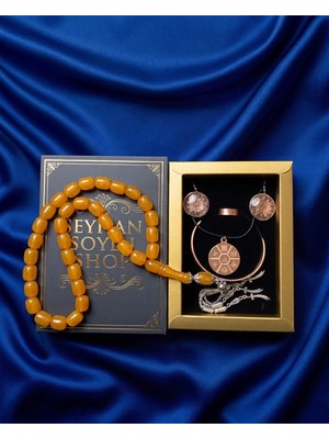 Seyhan Soylu Shop - Özel Tasarım Kitap Kutulu Kadın Bakır Takı Seti ve Tesbih Kombini - Kolye Küpe Bileklik Yüzük 5 Parça Otantik Şık Hediyelik - Doğum Günü Yıl Dönümü Anneler Günü