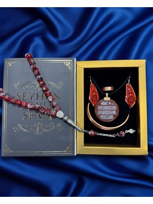 Seyhan Soylu Shop - Özel Tasarım Kitap Kutulu Kadın Bakır Takı Seti ve Tesbih Kombini - Kolye Küpe Bileklik Yüzük 5 Parça Otantik Şık Hediyelik - Doğum Günü Yıl Dönümü Anneler Günü