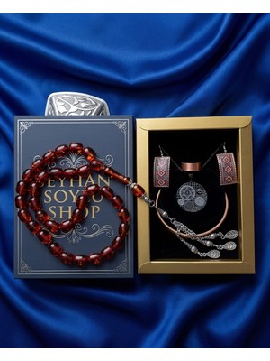 Seyhan Soylu Shop - Özel Tasarım Kitap Kutulu Kadın Bakır Takı Seti ve Tesbih Kombini - Kolye Küpe Bileklik Yüzük 5 Parça Otantik Şık Hediyelik - Doğum Günü Yıl Dönümü Anneler Günü