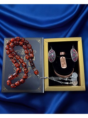 Seyhan Soylu Shop - Özel Tasarım Kitap Kutulu Kadın Bakır Takı Seti ve Tesbih Kombini - Kolye Küpe Bileklik Yüzük 5 Parça Otantik Şık Hediyelik - Doğum Günü Yıl Dönümü Anneler Günü