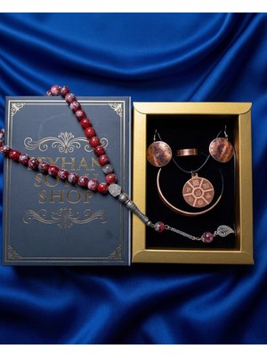 Seyhan Soylu Shop - Özel Tasarım Kitap Kutulu Kadın Bakır Takı Seti ve Tesbih Kombini - Kolye Küpe Bileklik Yüzük 5 Parça Otantik Şık Hediyelik - Doğum Günü Yıl Dönümü Anneler Günü