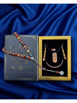 Seyhan Soylu Shop - Özel Tasarım Kitap Kutulu Kadın Bakır Takı Seti ve Tesbih Kombini - Kolye Küpe Bileklik Yüzük 5 Parça Otantik Şık Hediyelik - Doğum Günü Yıl Dönümü Anneler Günü