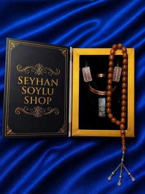 Seyhan Soylu Shop - Özel Tasarım Kitap Kutulu Kadın Bakır Takı Seti ve Tesbih Kombini - Kolye Küpe Bileklik Yüzük 5 Parça Otantik Şık Hediyelik - Doğum Günü Yıl Dönümü Anneler Günü
