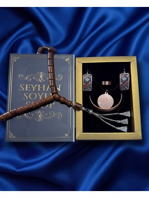 Seyhan Soylu Shop - Özel Tasarım Kitap Kutulu Kadın Bakır Takı Seti ve Tesbih Kombini - Kolye Küpe Bileklik Yüzük 5 Parça Otantik Şık Hediyelik - Doğum Günü Yıl Dönümü Anneler Günü
