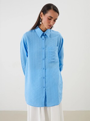 Lcw Modest Mavi Dokulu Oversize Kadın Gömlek Tunik