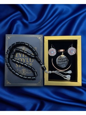 Seyhan Soylu Shop - Özel Tasarım Kitap Kutulu Kadın Bakır Takı Seti ve Tesbih Kombini - Kolye Küpe Bileklik Yüzük 5 Parça Otantik Şık Hediyelik - Doğum Günü Yıl Dönümü Anneler Günü