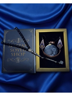 Seyhan Soylu Shop - Özel Tasarım Kitap Kutulu Kadın Bakır Takı Seti ve Tesbih Kombini - Kolye Küpe Bileklik Yüzük 5 Parça Otantik Şık Hediyelik - Doğum Günü Yıl Dönümü Anneler Günü