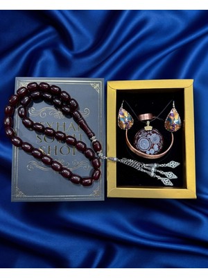 Seyhan Soylu Shop - Özel Tasarım Kitap Kutulu Kadın Bakır Takı Seti ve Tesbih Kombini - Kolye Küpe Bileklik Yüzük 5 Parça Otantik Şık Hediyelik - Doğum Günü Yıl Dönümü Anneler Günü