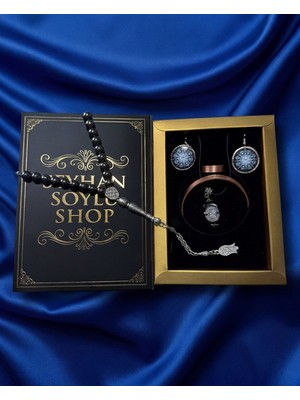 Seyhan Soylu Shop - Özel Tasarım Kitap Kutulu Kadın Bakır Takı Seti ve Tesbih Kombini - Kolye Küpe Bileklik Yüzük 5 Parça Otantik Şık Hediyelik - Doğum Günü Yıl Dönümü Anneler Günü