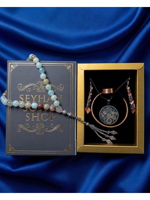 Seyhan Soylu Shop - Özel Tasarım Kitap Kutulu Kadın Bakır Takı Seti ve Tesbih Kombini - Kolye Küpe Bileklik Yüzük 5 Parça Otantik Şık Hediyelik - Doğum Günü Yıl Dönümü Anneler Günü