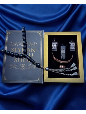 Seyhan Soylu Shop - Özel Tasarım Kitap Kutulu Kadın Bakır Takı Seti ve Tesbih Kombini - Kolye Küpe Bileklik Yüzük 5 Parça Otantik Şık Hediyelik - Doğum Günü Yıl Dönümü Anneler Günü