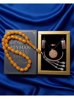 Seyhan Soylu Shop - Özel Tasarım Kitap Kutulu Kadın Bakır Takı Seti ve Tesbih Kombini - Kolye Küpe Bileklik Yüzük 5 Parça Otantik Şık Hediyelik - Doğum Günü Yıl Dönümü Anneler Günü
