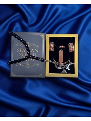 Seyhan Soylu Shop - Özel Tasarım Kitap Kutulu Kadın Bakır Takı Seti ve Tesbih Kombini - Kolye Küpe Bileklik Yüzük 5 Parça Otantik Şık Hediyelik - Doğum Günü Yıl Dönümü Anneler Günü