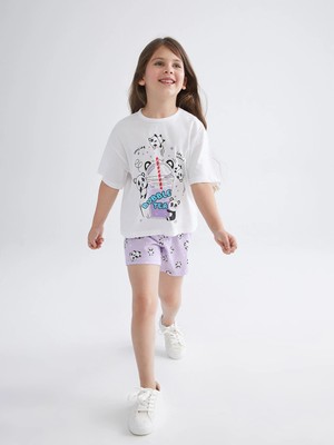 LC Waikiki Lcw Kids Beyaz Bisiklet Yaka Baskılı Kız Çocuk Şortlu Pijama Takımı