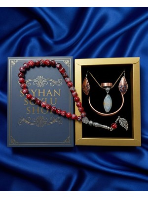 Seyhan Soylu Shop - Özel Tasarım Kitap Kutulu Kadın Bakır Takı Seti ve Tesbih Kombini - Kolye Küpe Bileklik Yüzük 5 Parça Otantik Şık Hediyelik - Doğum Günü Yıl Dönümü Anneler Günü