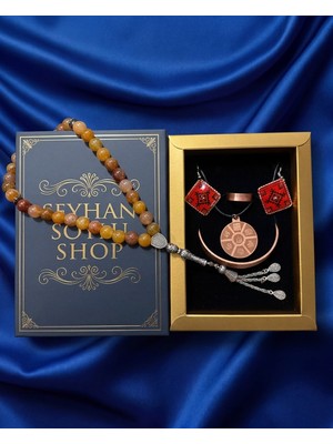 Seyhan Soylu Shop - Özel Tasarım Kitap Kutulu Kadın Bakır Takı Seti ve Tesbih Kombini - Kolye Küpe Bileklik Yüzük 5 Parça Otantik Şık Hediyelik - Doğum Günü Yıl Dönümü Anneler Günü