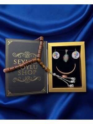 Seyhan Soylu Shop - Özel Tasarım Kitap Kutulu Kadın Bakır Takı Seti ve Tesbih Kombini - Kolye Küpe Bileklik Yüzük 5 Parça Otantik Şık Hediyelik - Doğum Günü Yıl Dönümü Anneler Günü