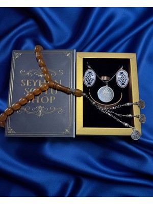 Seyhan Soylu Shop - Özel Tasarım Kitap Kutulu Kadın Bakır Takı Seti ve Tesbih Kombini - Kolye Küpe Bileklik Yüzük 5 Parça Otantik Şık Hediyelik - Doğum Günü Yıl Dönümü Anneler Günü