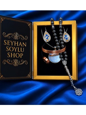 Seyhan Soylu Shop - Özel Tasarım Kitap Kutulu Kadın Bakır Takı Seti ve Tesbih Kombini - Kolye Küpe Bileklik Yüzük 5 Parça Otantik Şık Hediyelik - Doğum Günü Yıl Dönümü Anneler Günü