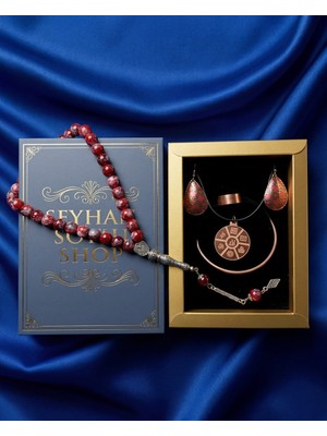 Seyhan Soylu Shop - Özel Tasarım Kitap Kutulu Kadın Bakır Takı Seti ve Tesbih Kombini - Kolye Küpe Bileklik Yüzük 5 Parça Otantik Şık Hediyelik - Doğum Günü Yıl Dönümü Anneler Günü