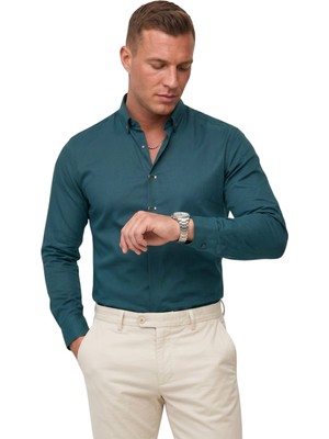Deepsea Yeşil Slim Fit Likralı Kolay Ütülenebilir Gizli Düğmeli Erkek Gömlek 2602614