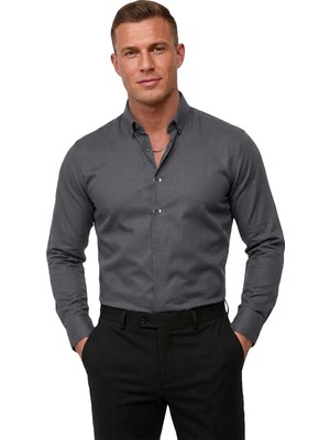 Deepsea Antrasit Slim Fit Likralı Kolay Ütülenebilir Gizli Düğmeli Erkek Gömlek 2602614