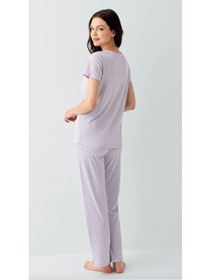 Arnetta Kadın, Mor, Bisiklet Yaka, Kısa Kollu, Boru Paça, Regular Kalıp, Cepli Pijama Takımı