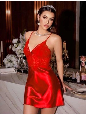 Nemere Kırmızı Dantel Işlemeli Ince Askılı Sırt Dekolteli Saten Mini Gecelik