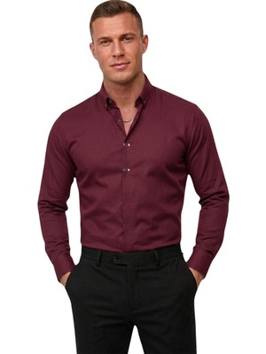 Deepsea Bordo Slim Fit Likralı Kolay Ütülenebilir Gizli Düğmeli Erkek Gömlek 2602614