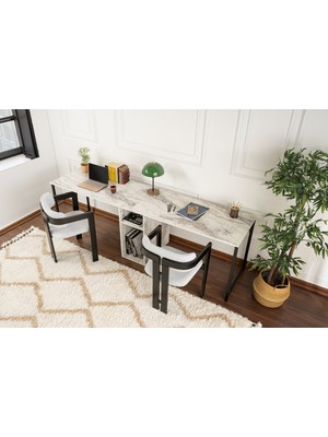 Rani Home Çalışma Masası Frezya Mermer Desenli - Siyah Metal Ayaklı Iki Kişilik 240 cm HA-5277