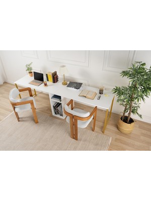 Rani Home Çalışma Masası Beyaz - Gold Metal Ayaklı Iki Kişilik Masa 240 cm HA-5279