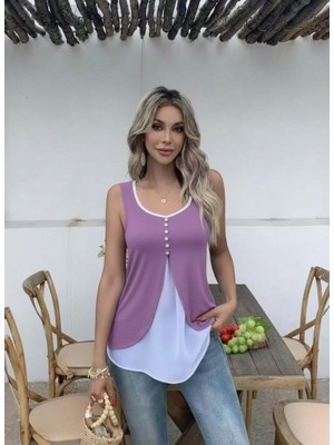 Veraura Lifestyle Kadın Askılı Önden Düğmeli Asimetrik Detaylı Çift Renkli Viskon Bluz