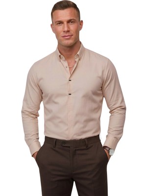 Rizzup Toprak Slim Fit Likralı Kolay Ütülenebilir Gizli Düğmeli Erkek Gömlek 2602614