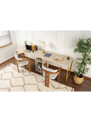 Rani Home Çalışma Masası Traverten - Gold Metal Ayaklı Iki Kişilik 240 cm HA-5278