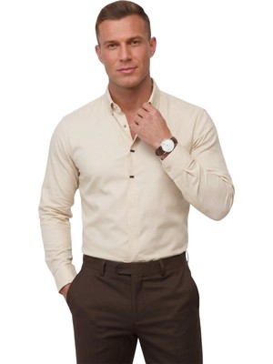 Rizzup Krem Slim Fit Likralı Kolay Ütülenebilir Gizli Düğmeli Erkek Gömlek 2602614
