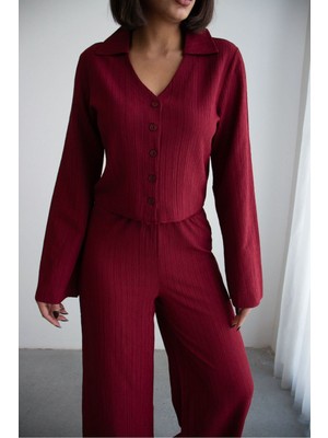 Ded Collection Kadın Krinkıl Kumaş Düğmeli Gömlek ve Yüksek Bel Bol Paça Pantolon Takım
