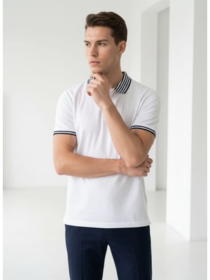 Giyim Dünyası Erkek Yaka Çizgili Polo Yaka Kısa Kol Tshirt Beyaz