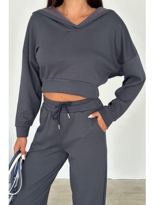 Ded Collection Kadın Modal Kumaş Kapüşonlu Crop Ikili Eşofman Takımı