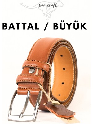 Parscraft Battal Boy / Büyük Beden / Uzun Boy Xxl 3,5 cm Taba Klasik Erkek Hakiki Deri Kemer