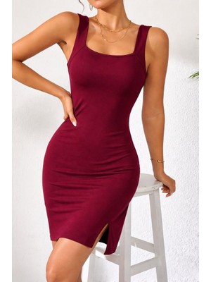 Veraura Lifestyle Kadın Askılı Kare Yakalı Yırtmaçlı Kısa Dalgıç Elbise