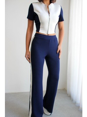 Ded Collection Kadın Hakim Yaka Fermuarlı ve Garnili Crop Üst Alt Modal Takım