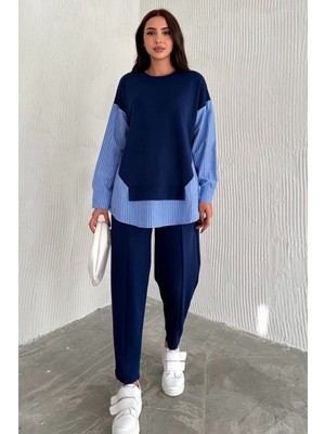 Ded Collection Kadın Mavi Beyaz Çizgili Modern Tasarım Uzun Kollu Gömlek Detaylı Sweatshirt Modal Takım