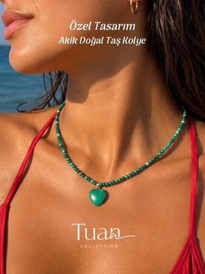 Tuan Collection Özel Tasarım Akik Doğal Taş Kolye Kalp Figür 4 mm Denge, Huzur, Pozitif Koruma