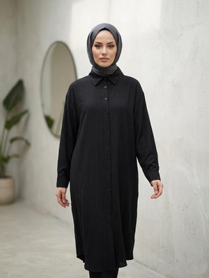 Miostil Arka A Pile Uzun Tunik-Siyah