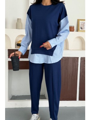 Ded Collection Kadın Çizgili Uzun Kollu Gömlek Detaylı Yuvarlak Yaka Sweatshirt Modal Takım