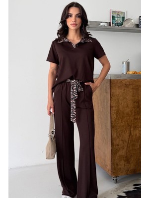 Ded Collection Kadın Yakası ve Kemeri Leopar Detaylı Kısa Kol Modern Modal Takım
